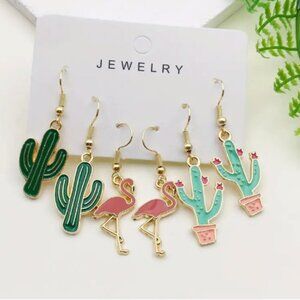 💚 3 pack of fun Cactus, Flamingo Earrings on shepherds hook earwires gold tone